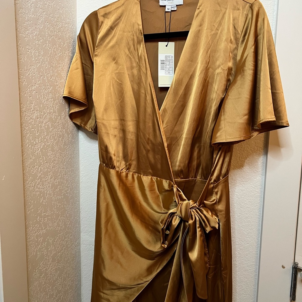 Never Fully Dressed Gold Mini Sheath Dress with Flutter Sleeves